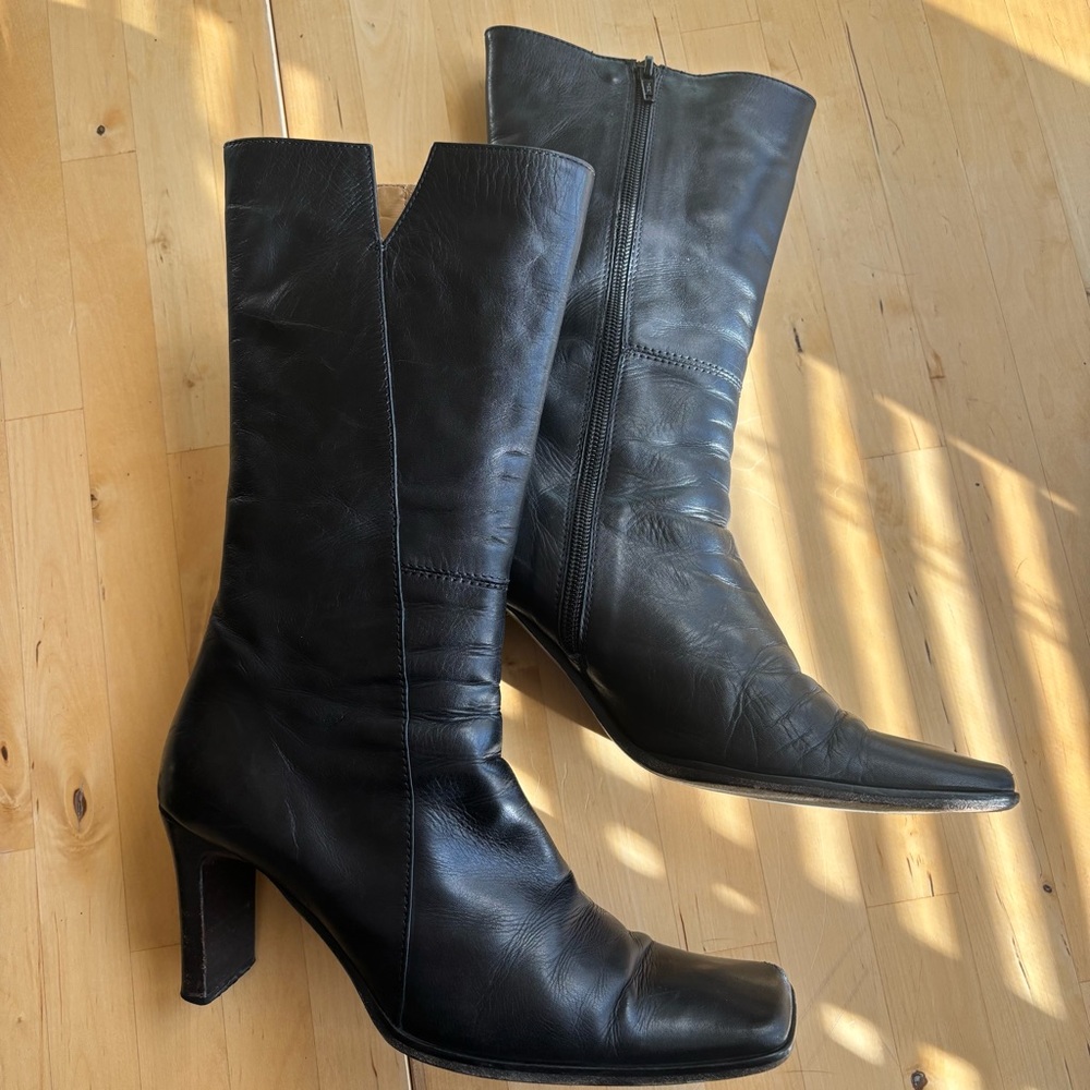 Charles David genuine leather black square toe boots